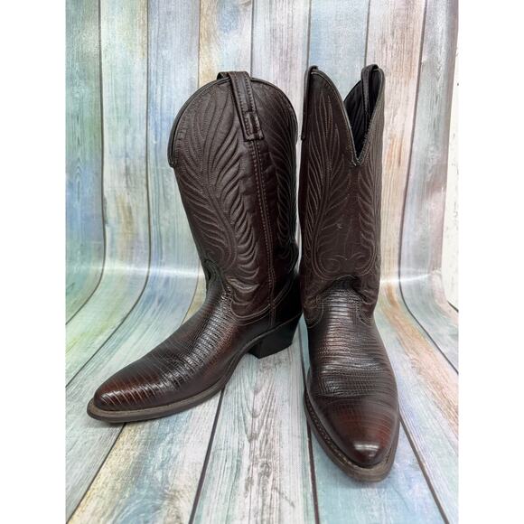 Acme Western Cowboy Boots Teju Lizard Size 8D Pointed Toe Brown